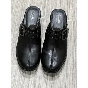 Clarks Bendables Black Leather Buckle‎ Studded Mule Clogs Slip-On Womens  Sz9